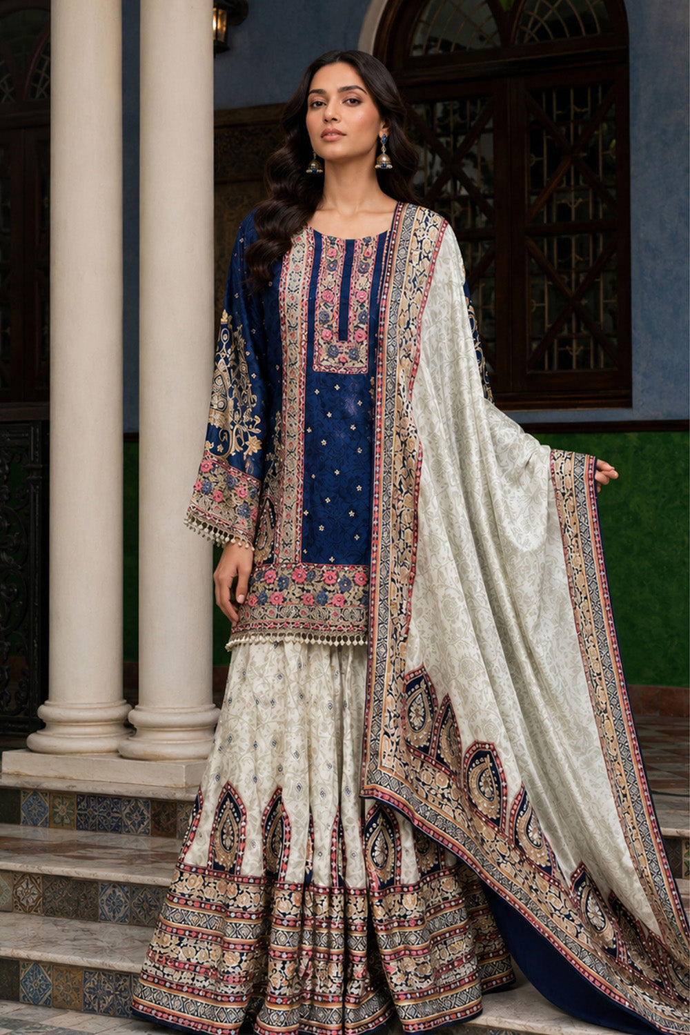 Navy White Crepe Sharara Suit With Printed Kurta And Dupatta