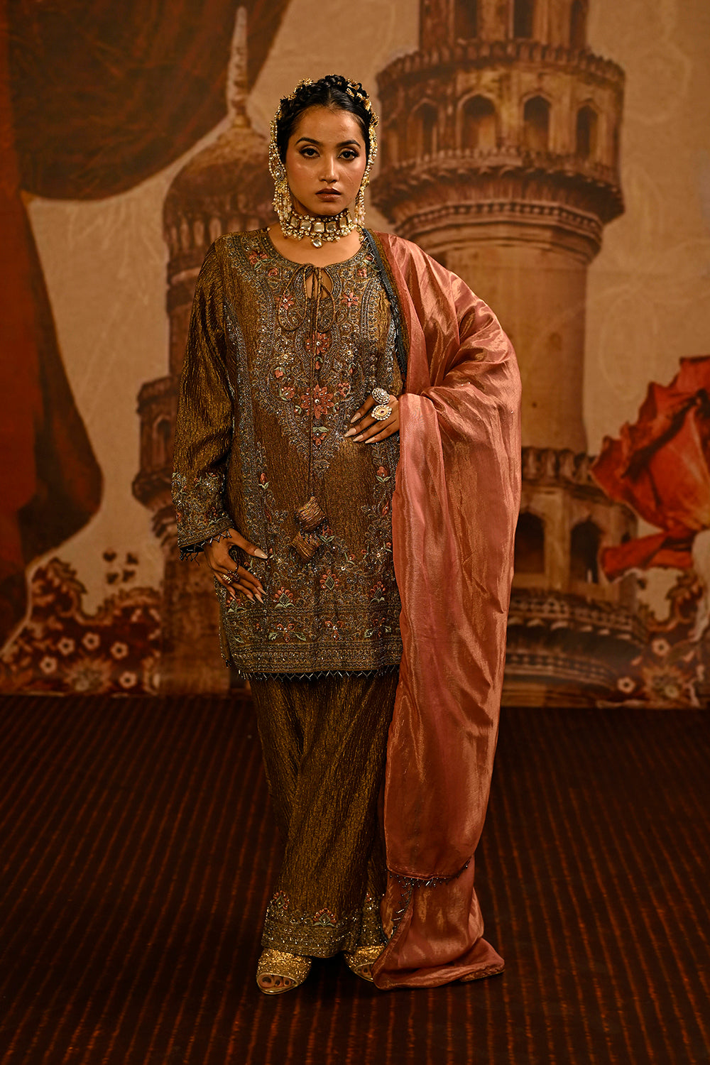Olive Brown Tissue Kurta Set With Embroidered Detailing And Rose Pink Dupatta Elegance