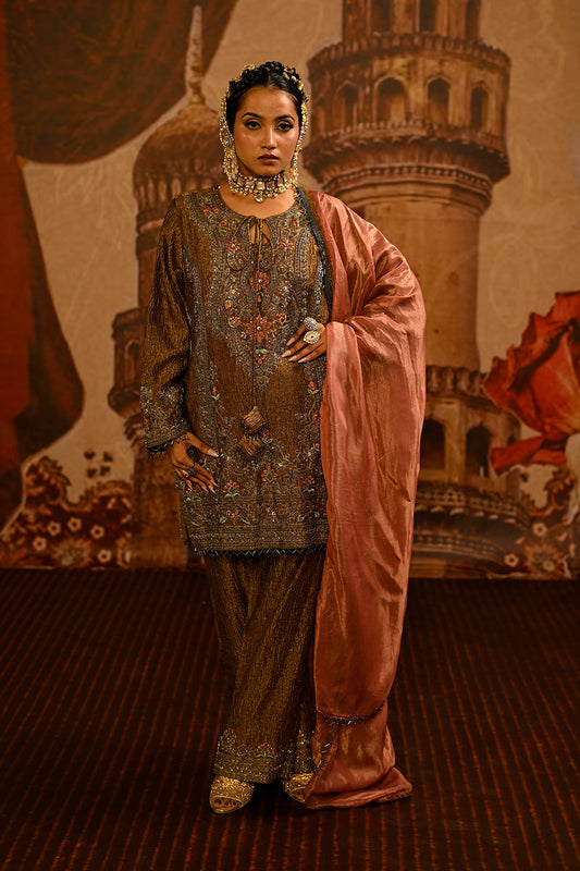 Olive Brown Tissue Kurta Set With Embroidered Detailing And Rose Pink Dupatta Elegance