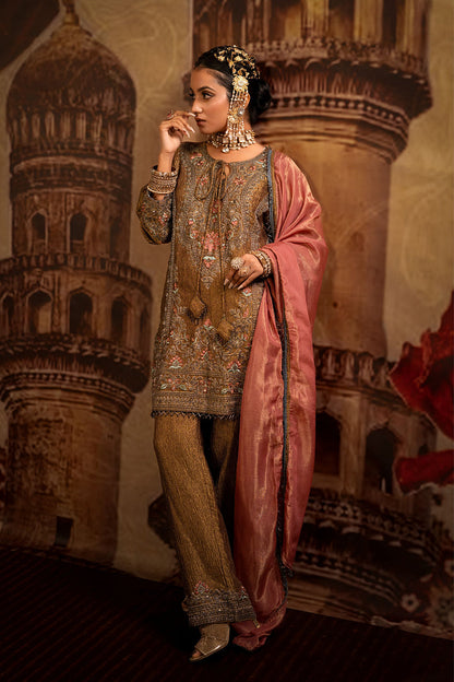 Olive Brown Tissue Kurta Set With Embroidered Detailing And Rose Pink Dupatta Elegance