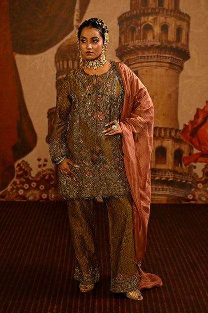 Olive Brown Tissue Kurta Set With Embroidered Detailing And Rose Pink Dupatta Elegance