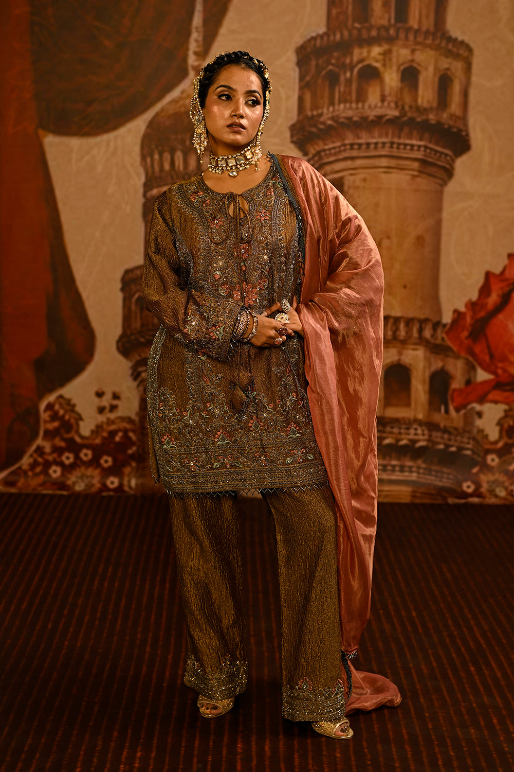 Olive Brown Tissue Kurta Set With Embroidered Detailing And Rose Pink Dupatta Elegance