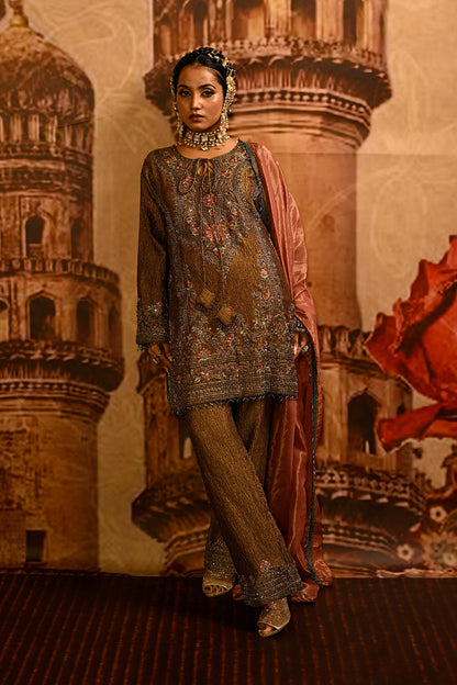 Olive Brown Tissue Kurta Set With Embroidered Detailing And Rose Pink Dupatta Elegance