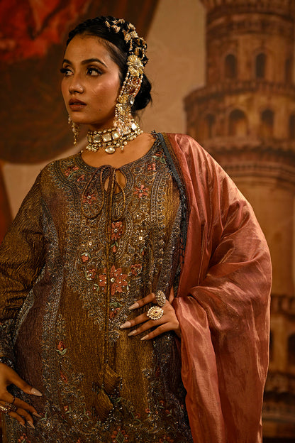Olive Brown Tissue Kurta Set With Embroidered Detailing And Rose Pink Dupatta Elegance