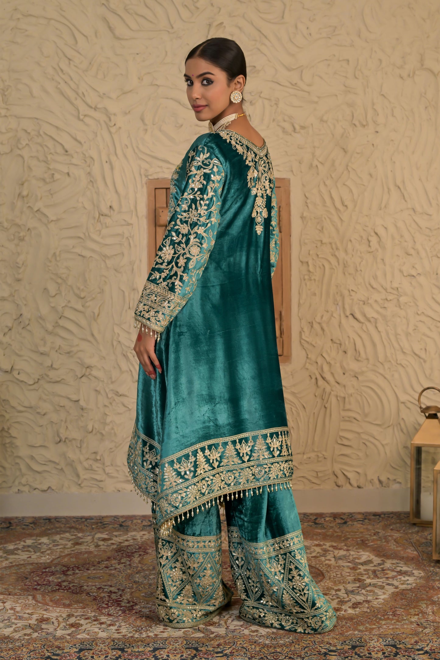 Traditional Embroidered Sea Green Velvet Suit – Noor Celebration Line