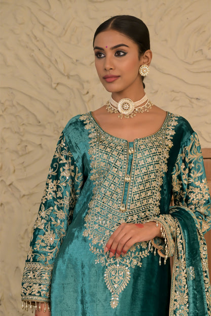 Traditional Embroidered Sea Green Velvet Suit – Noor Celebration Line