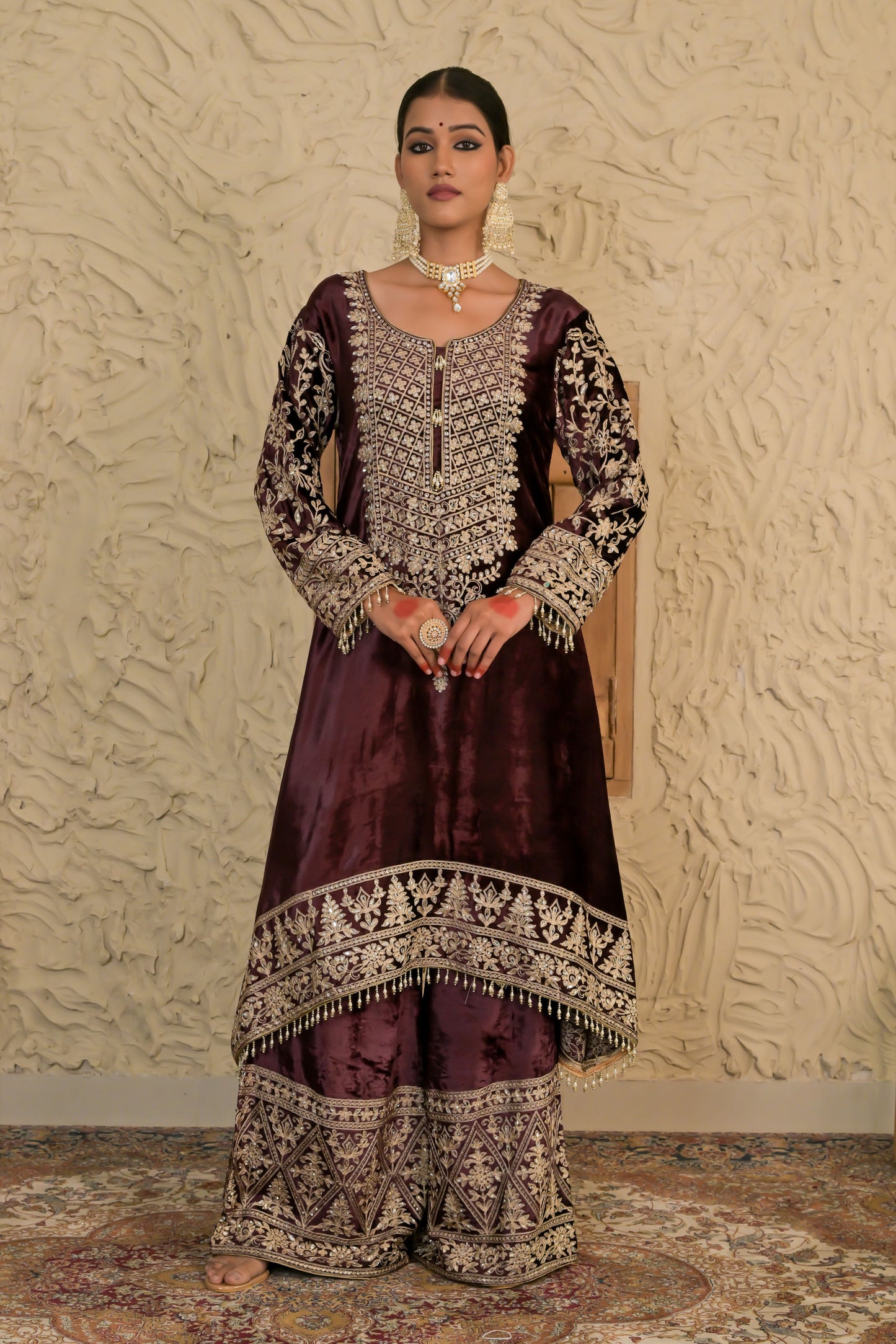 Traditional Embroidered  Seal Brown Velvet Suit  – Noor Celebration Line