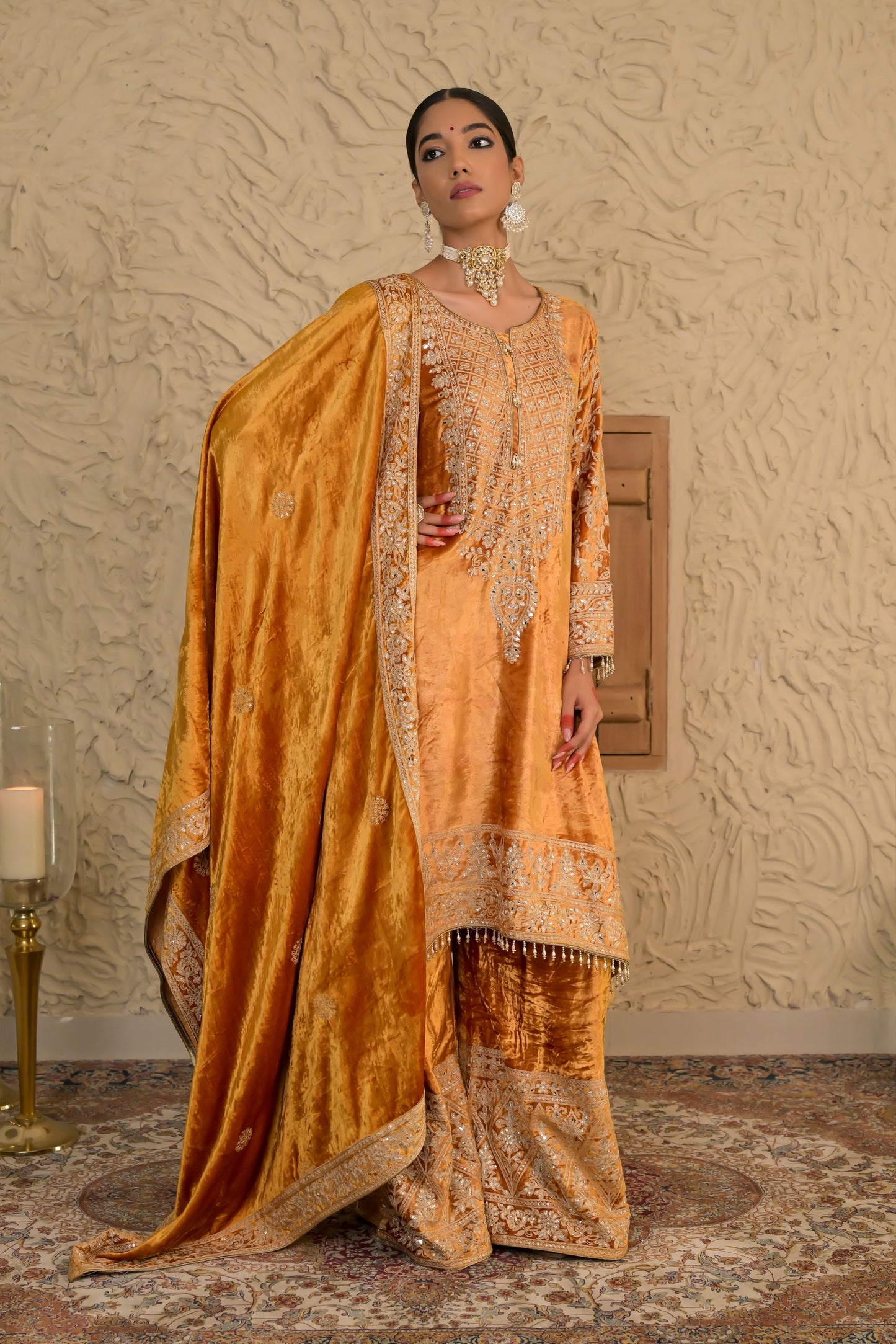 Traditional Embroiderd Mustard Velvet Suit – Noor Celebration Line