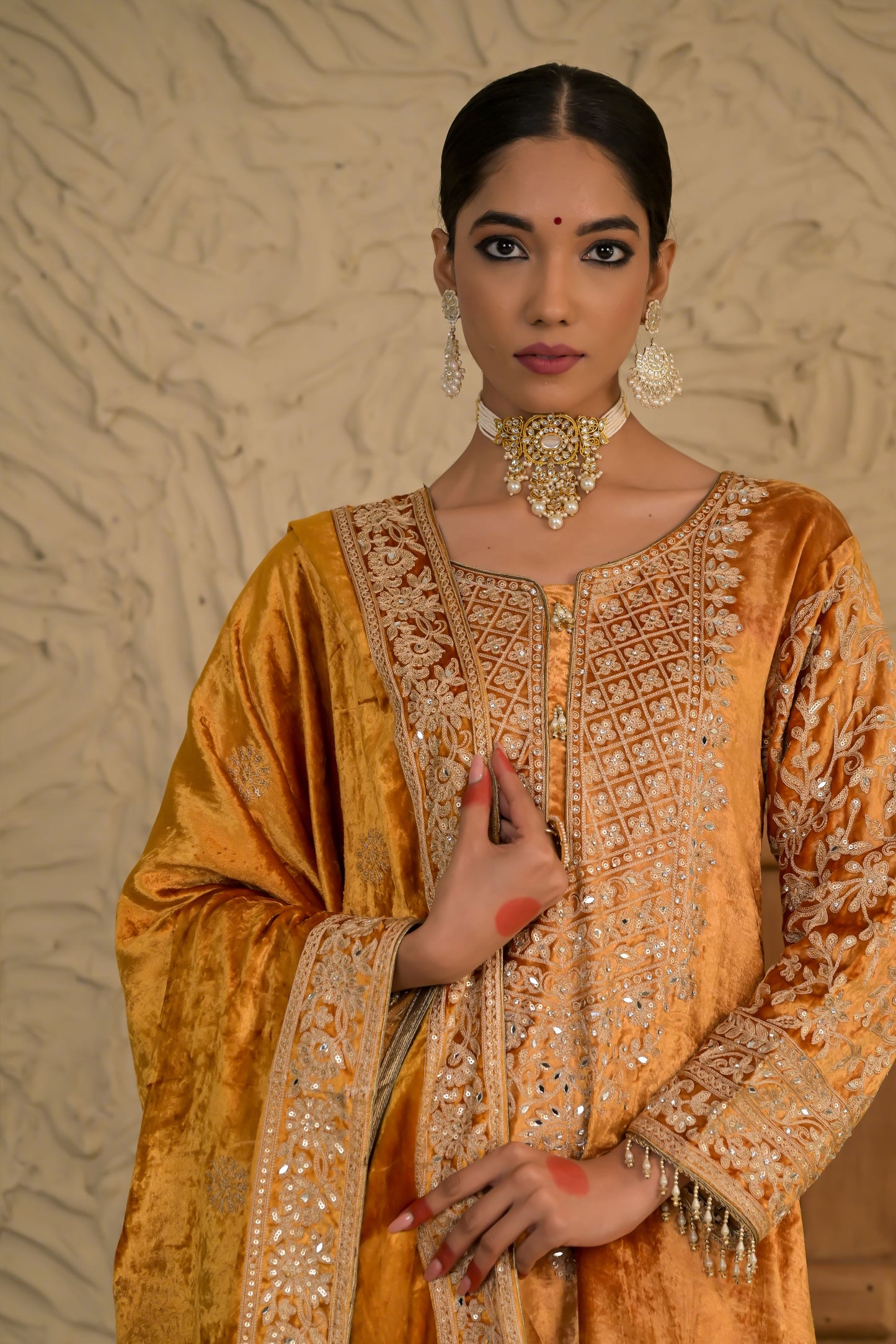 Traditional Embroiderd Mustard Velvet Suit – Noor Celebration Line