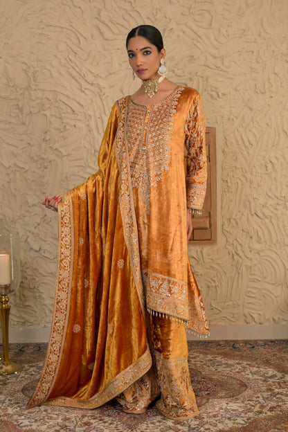 Traditional Embroiderd Mustard Velvet Suit – Noor Celebration Line