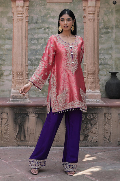 Orange Brocade 3D Kurti Pant Set Indian Designer Wear