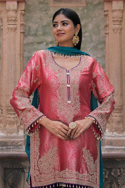 Orange Brocade 3D Kurti Pant Set Indian Designer Wear