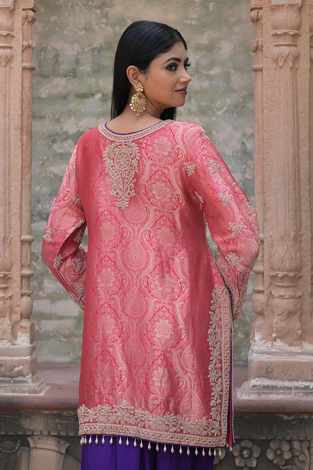 Orange Brocade 3D Kurti Pant Set Indian Designer Wear