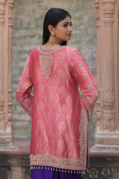 Orange Brocade 3D Kurti Pant Set Indian Designer Wear