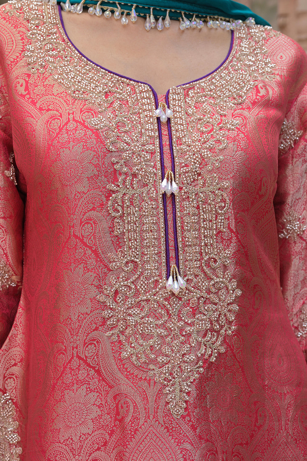 Orange Brocade 3D Kurti Pant Set Indian Designer Wear