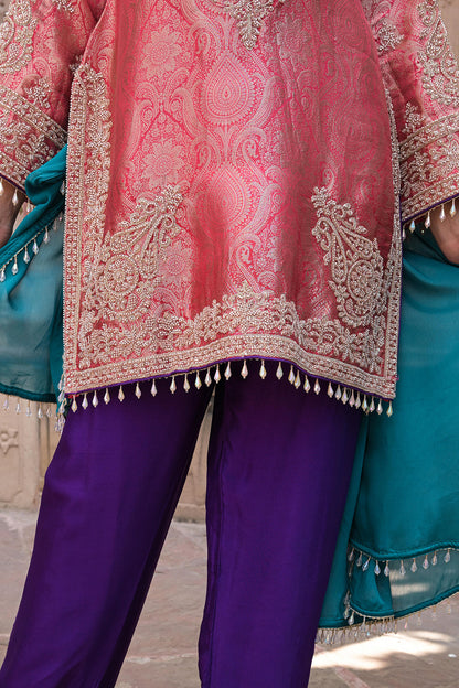 Orange Brocade 3D Kurti Pant Set Indian Designer Wear