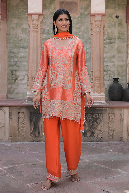 Orange Brocade Kurti Pant Set Designer Indian Ethnic Wear