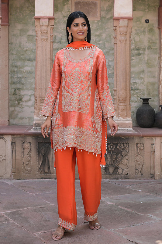Orange Brocade Kurti Pant Set Designer Indian Ethnic Wear