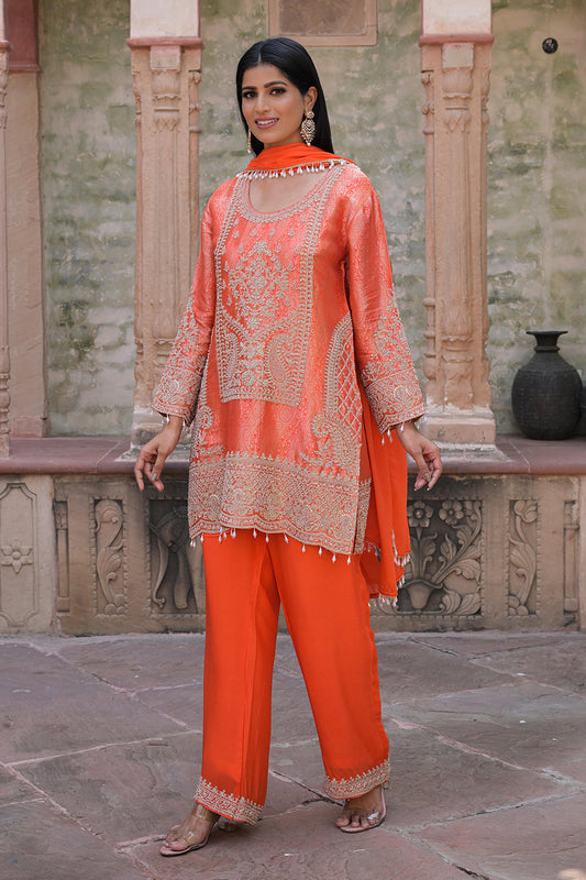 Orange Brocade Kurti Pant Set Designer Indian Ethnic Wear