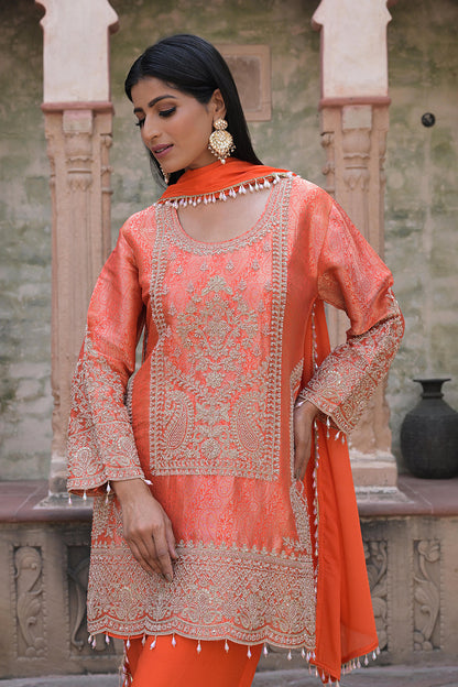 Orange Brocade Kurti Pant Set Designer Indian Ethnic Wear