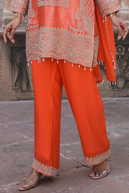 Orange Brocade Kurti Pant Set Designer Indian Ethnic Wear