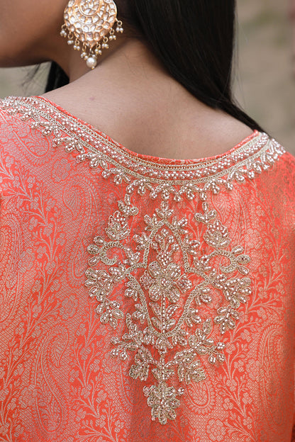 Orange Brocade Kurti Pant Set Designer Indian Ethnic Wear