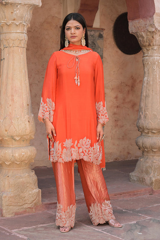 Orange Brocade Kurti Pant Set Floral Festive Indian Wear