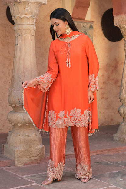 Orange Brocade Kurti Pant Set Floral Festive Indian Wear