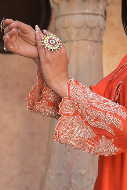 Orange Brocade Kurti Pant Set Floral Festive Indian Wear