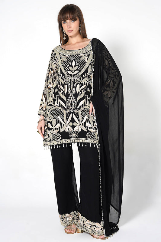 Ornate Floral Black Kurta Set With Embroidery And Scalloped Borders