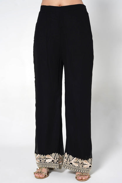 Ornate Floral Black Kurta Set With Embroidery And Scalloped Borders