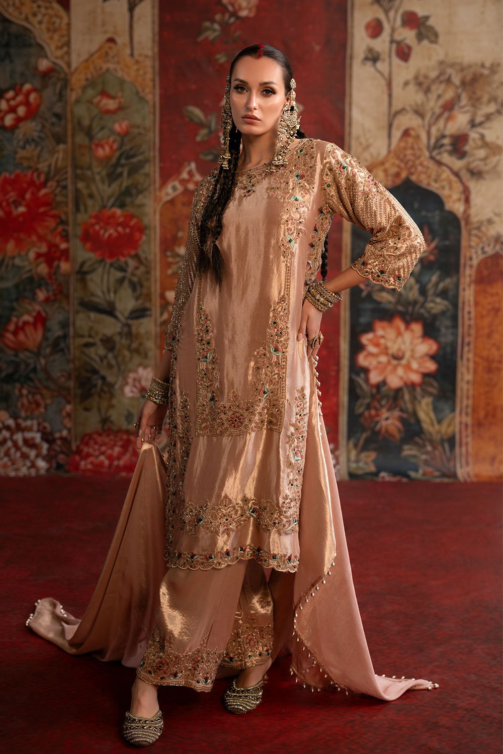 Peach Banarsi Silk Tissue Kurta Set With Ornate Borders And Coordinated Flowing Dupatta