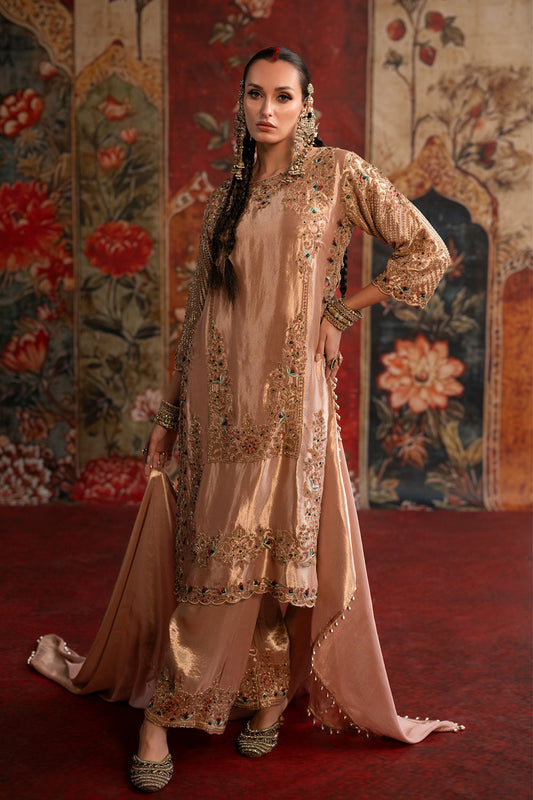 Peach Banarsi Silk Tissue Kurta Set With Ornate Borders And Coordinated Flowing Dupatta