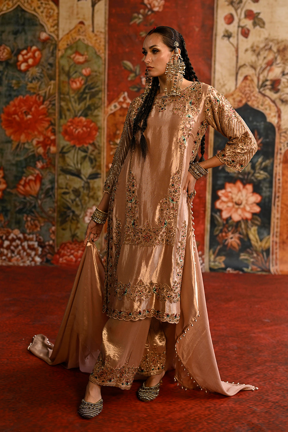 Peach Banarsi Silk Tissue Kurta Set With Ornate Borders And Coordinated Flowing Dupatta