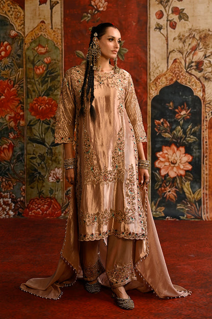 Peach Banarsi Silk Tissue Kurta Set With Ornate Borders And Coordinated Flowing Dupatta