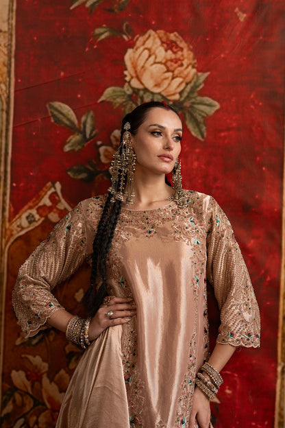 Peach Banarsi Silk Tissue Kurta Set With Ornate Borders And Coordinated Flowing Dupatta