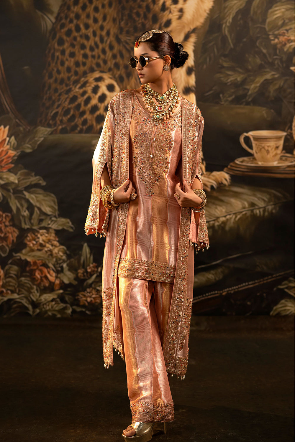 Peach Pink Banarsi Silk Tissue Brocade Kurta Set With Embellished Neckline And Dupatta