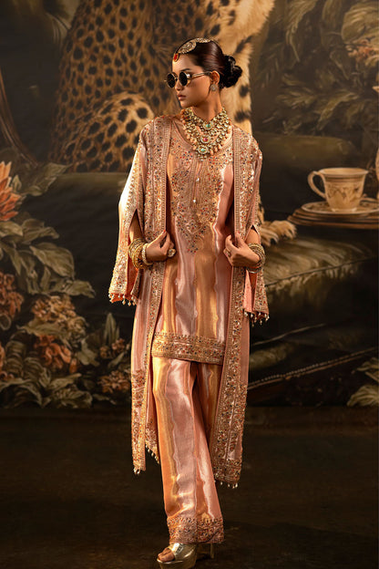 Peach Pink Banarsi Silk Tissue Brocade Kurta Set With Embellished Neckline And Dupatta