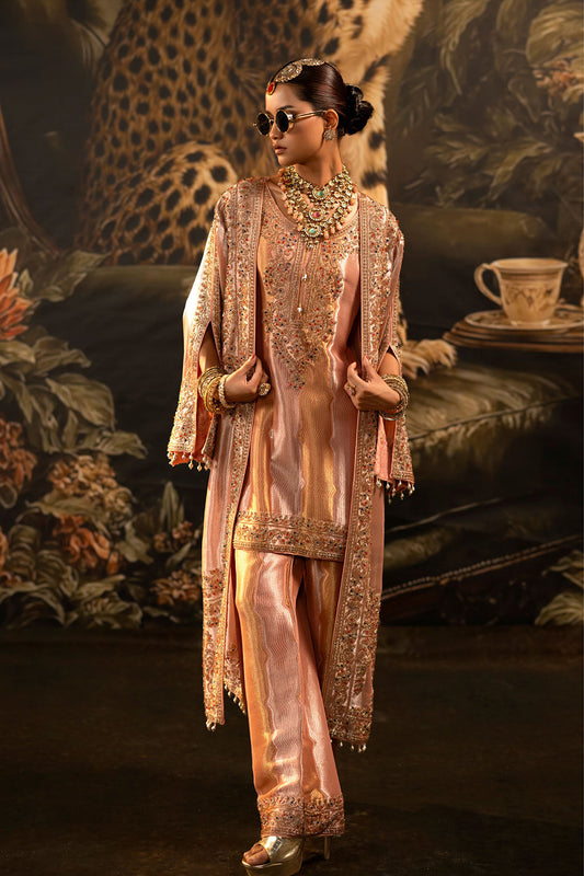 Peach Pink Banarsi Silk Tissue Brocade Kurta Set With Embellished Neckline And Dupatta