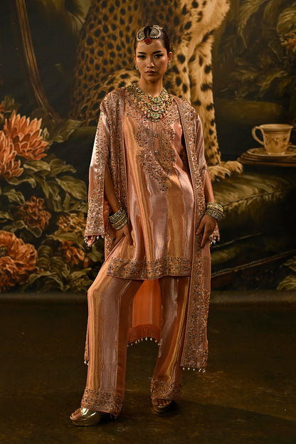Peach Pink Banarsi Silk Tissue Brocade Kurta Set With Embellished Neckline And Dupatta