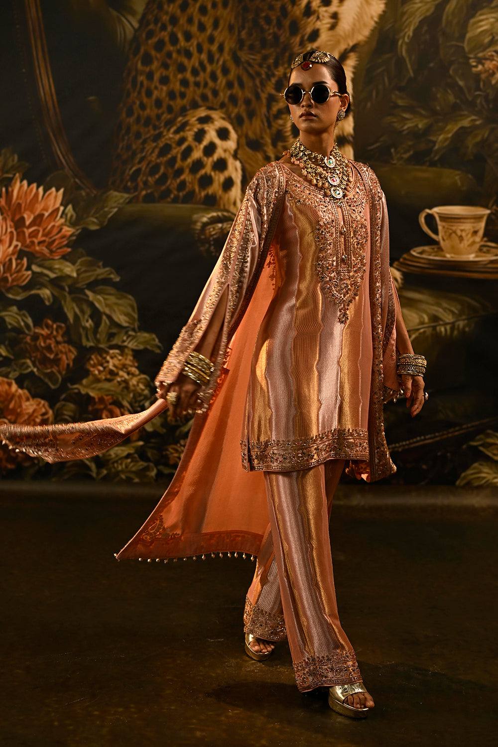 Peach Pink Banarsi Silk Tissue Brocade Kurta Set With Embellished Neckline And Dupatta