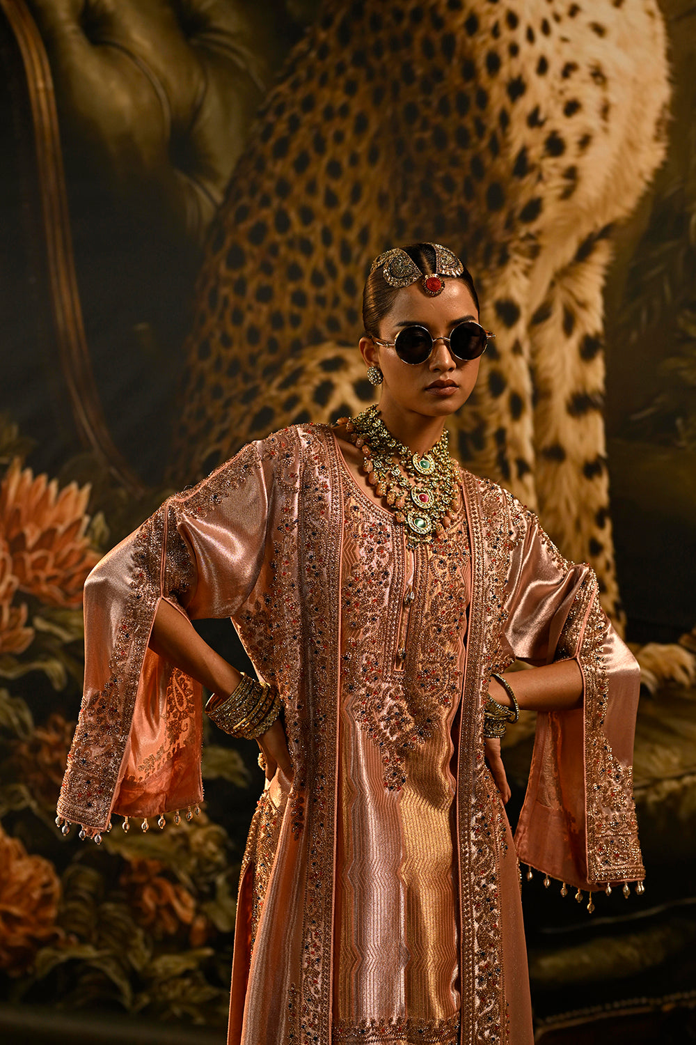 Peach Pink Banarsi Silk Tissue Brocade Kurta Set With Embellished Neckline And Dupatta