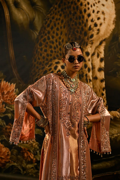Peach Pink Banarsi Silk Tissue Brocade Kurta Set With Embellished Neckline And Dupatta