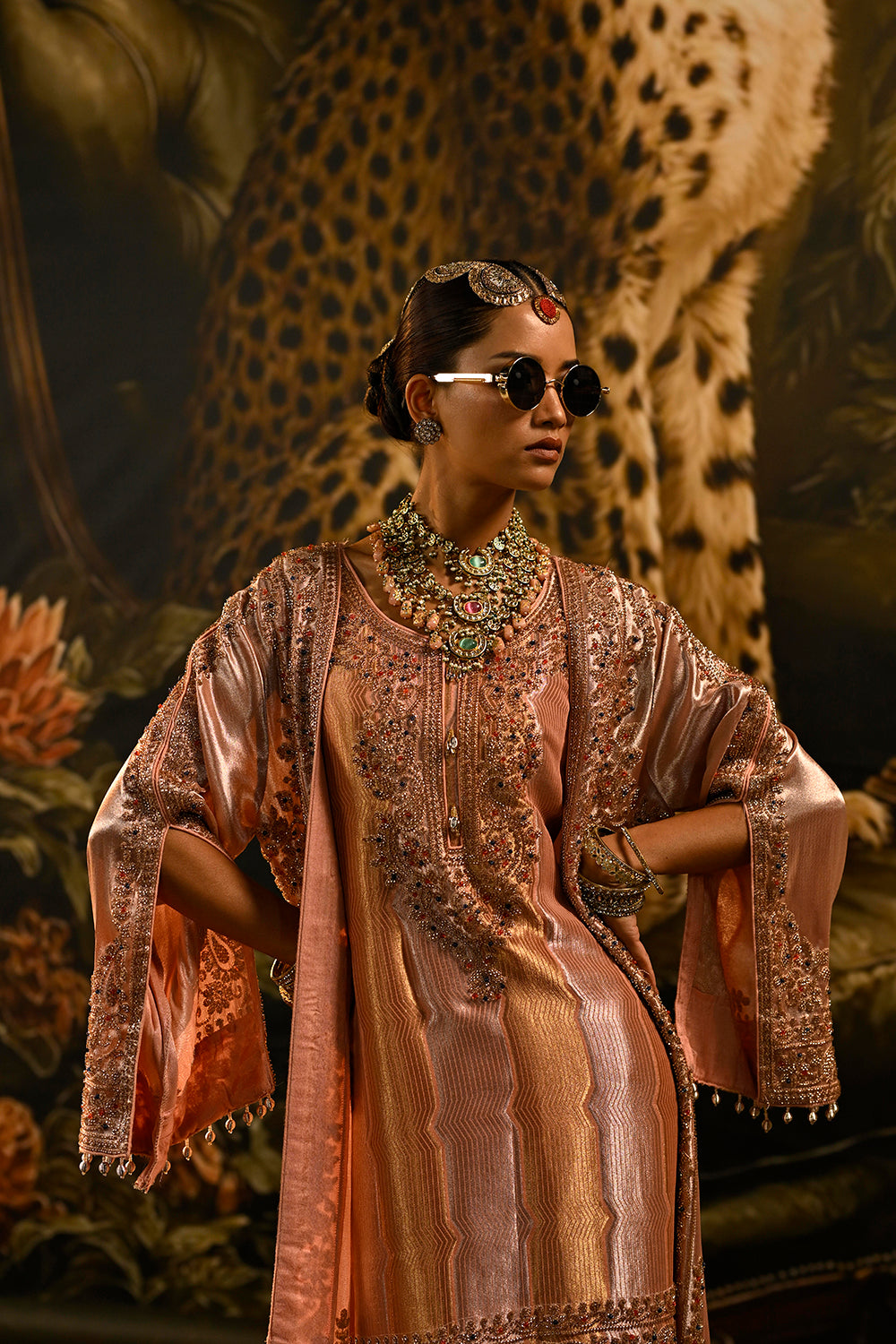 Peach Pink Banarsi Silk Tissue Brocade Kurta Set With Embellished Neckline And Dupatta