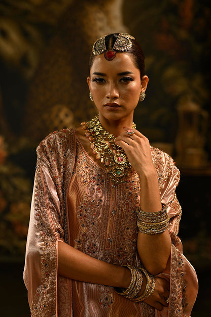 Peach Pink Banarsi Silk Tissue Brocade Kurta Set With Embellished Neckline And Dupatta