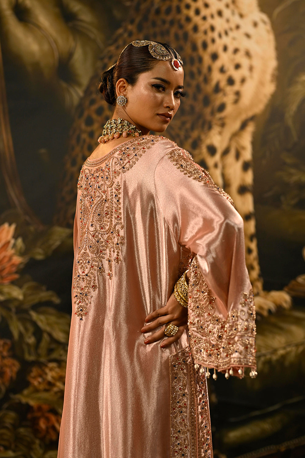 Peach Pink Banarsi Silk Tissue Brocade Kurta Set With Embellished Neckline And Dupatta