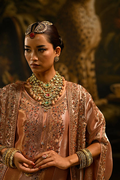 Peach Pink Banarsi Silk Tissue Brocade Kurta Set With Embellished Neckline And Dupatta