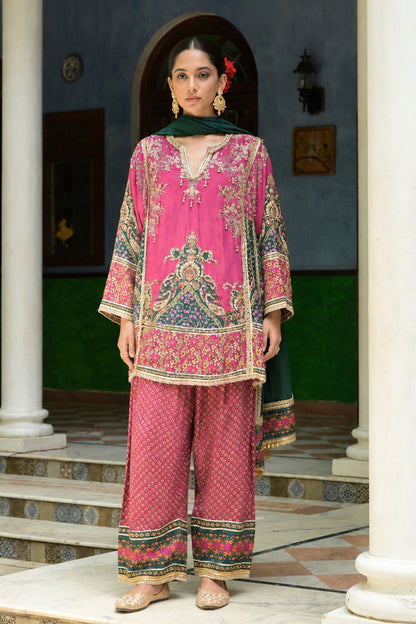 Pink Crepe Short Kurta With Printed Farshi Pants And Dupatta