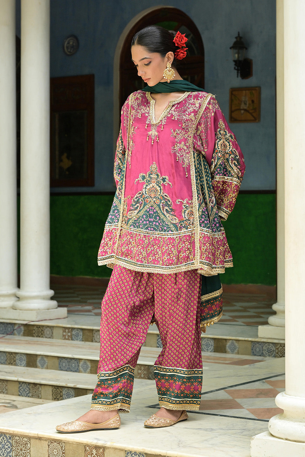 Pink Crepe Short Kurta With Printed Farshi Pants And Dupatta