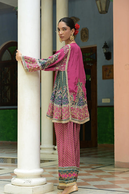 Pink Crepe Short Kurta With Printed Farshi Pants And Dupatta